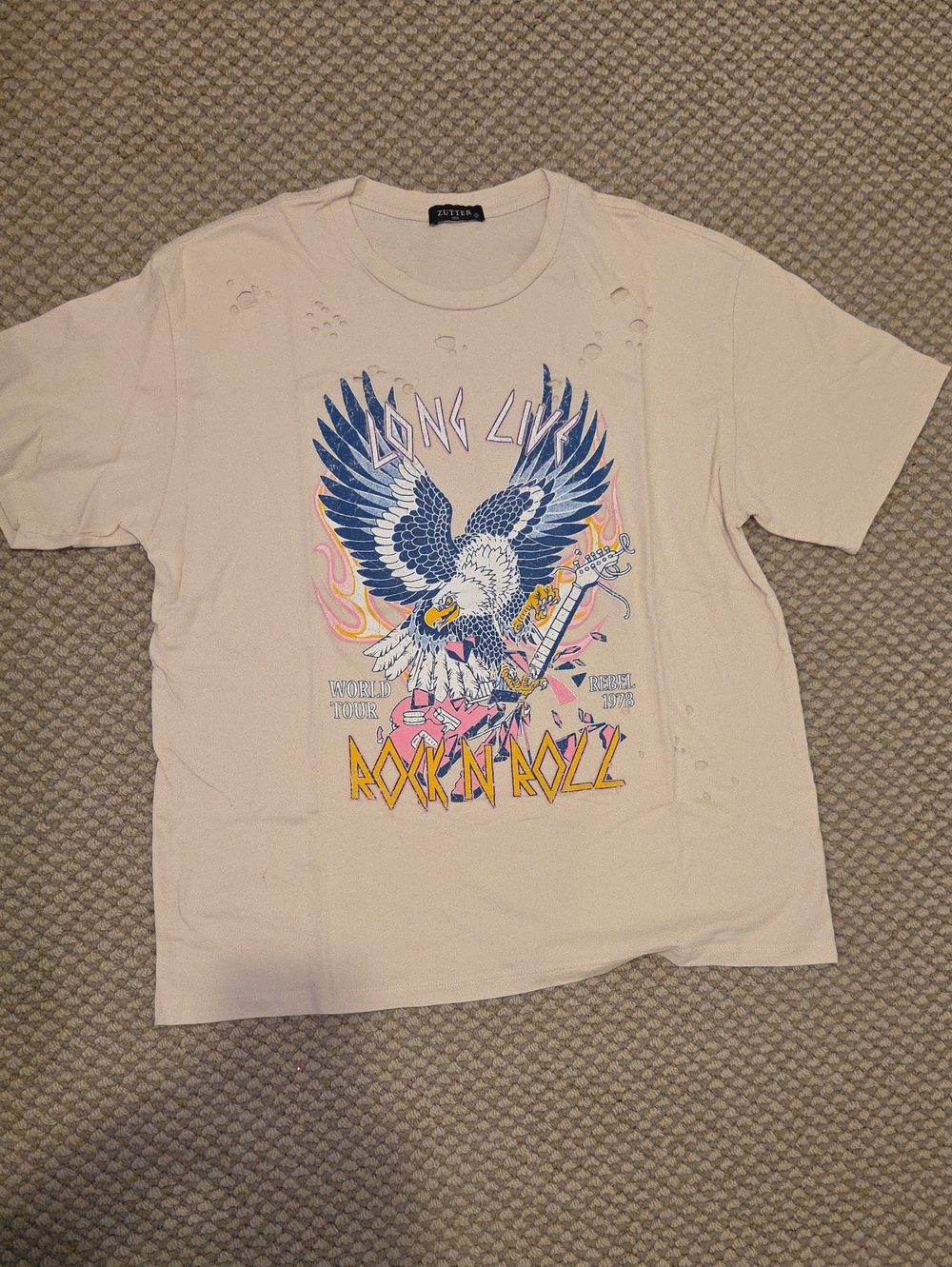 Zutter Vintage Rock 'N' Roll Graphic Tee - Cream with Eagle Design Sz S